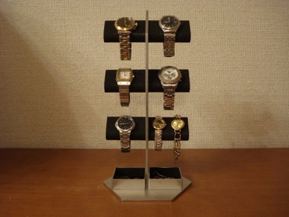 腕時計スタンド　ラッピング　名入れ　ブラック6本掛けダブル角トレイ腕時計スタンドタワー 2枚目の画像
