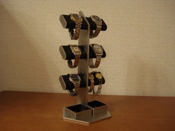 腕時計スタンド　ラッピング　名入れ　ブラック6本掛けダブル角トレイ腕時計スタンドタワー 5枚目の画像