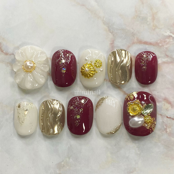 ♡オーダー制♡ ぷっくりフラワーネイル 前撮り 振袖 成人式 和装 金箔  