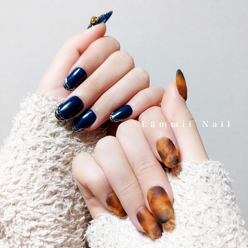 マットなべっ甲 秋ネイル ゴールドミラー ミラーフレンチ 藍色  