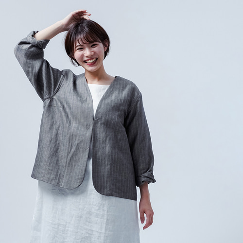 wafu ヘリンボーン織りリネンノーカラージャケット