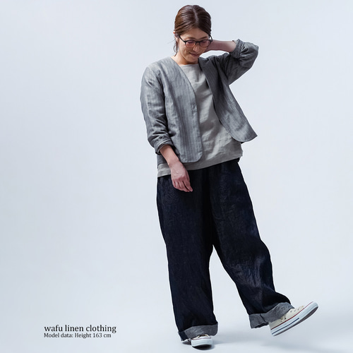 wafu ヘリンボーン織りリネン　ノーカラージャケット ノーカラージャケット ジャケット コットンリネン ヘリンボーン