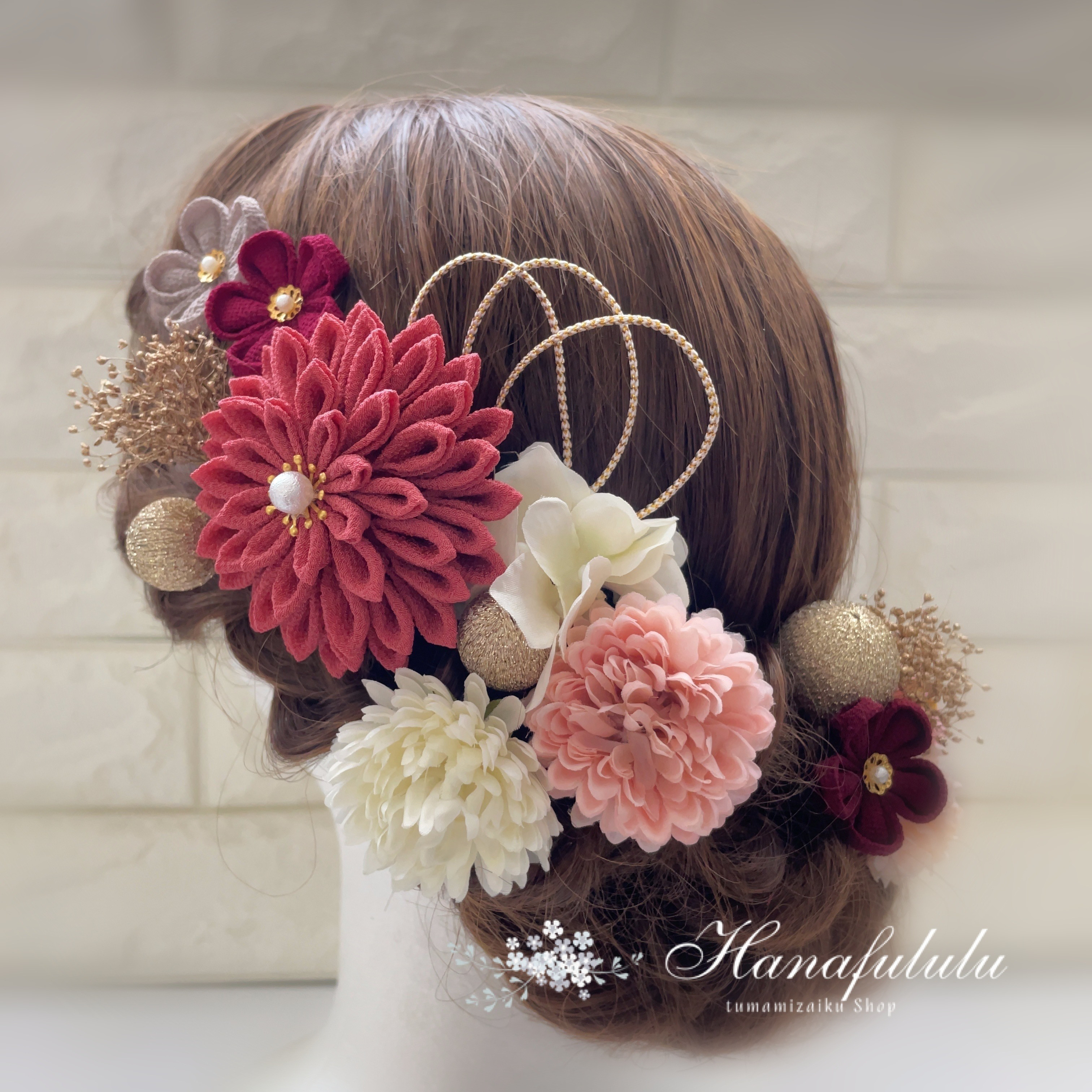銀紅＊ダリア*かすみ草*マム つまみ細工 髪飾り  成人式 結婚式