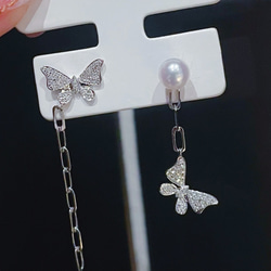 蝶々モチーフ アンバランスピアスk18 ピアス（スタッド・一粒） パール