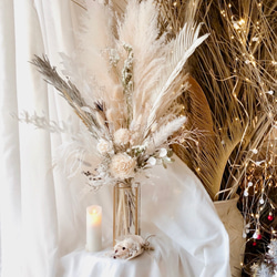 ドライフラワーパンパスグラスの白とゴールドブーケウェディングに 送料無料・ドライフラワー風ブライダルブーケA】 秋冬の結婚式や二次会