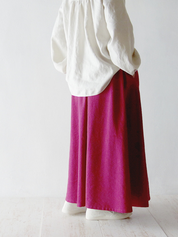 シルエットが綺麗【綿麻ギャザースカート】中厚　ワインレッド　マキシ丈 8枚目の画像