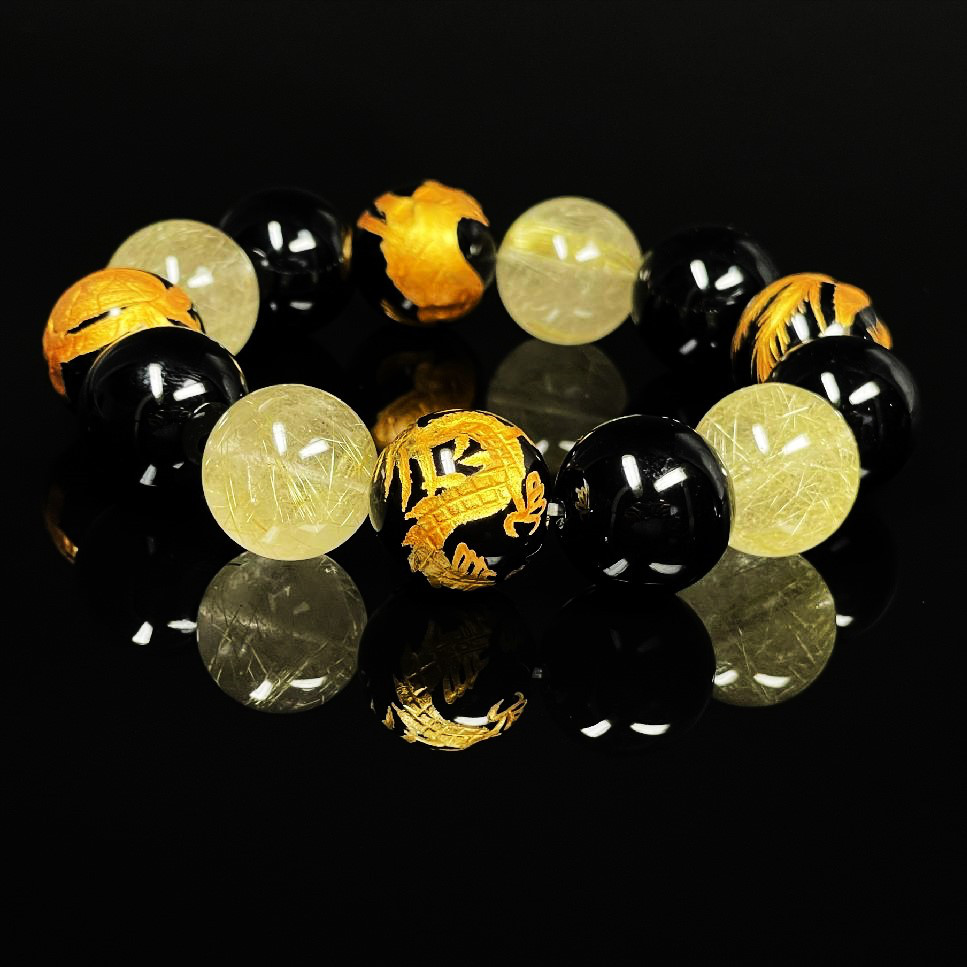 【成功を引き寄せる数珠】16ミリ 金彫四神獣 黒瑪瑙石 ブラックオニキス ゴールド ルチルクォーツブレスレット 11,100円