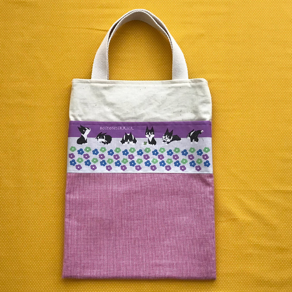 手頃な縦型手さげバッグ「ボストンテリア柄 紫」 3枚目の画像
