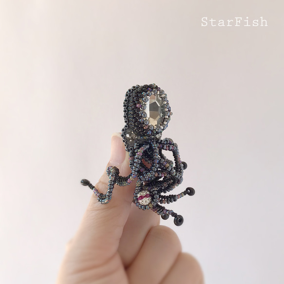 【タコ】蛸 Octopus ビーズ刺繍 ブローチ(D13) 3枚目の画像
