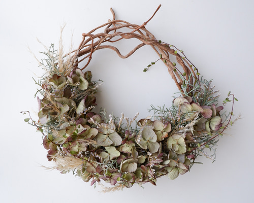 秋色紫陽花のハーフリース　小花と木の実 秋色紫陽花とカシワバアジサイのかわきばな®︎ハーフリース