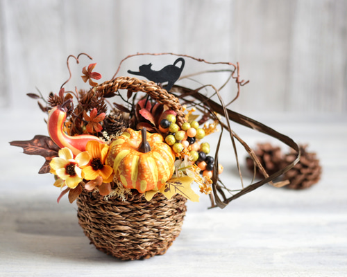 専用＊Halloween＊パンプキン＆チョコ色ミニバラ　フェイクスワッグ fr150075-1.jpg