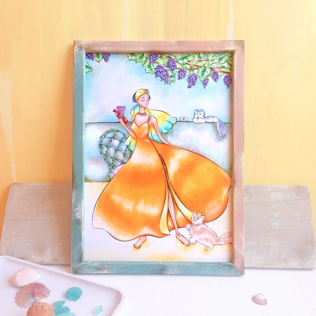サイン入り 木製フレーム 水彩画 風景画