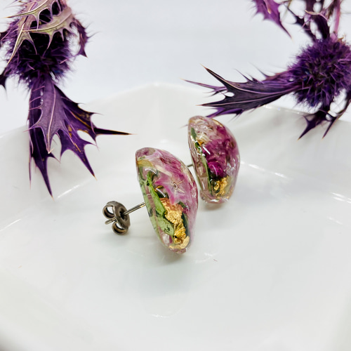 ピンクフラワーレジン×スパンコール♡花びら ピアス イヤリング ドライフラワー ピンク フラワー ピアス イヤリング レジン