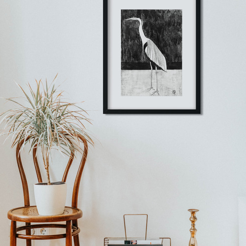 NO.419】鷺のモノクロアートポスター☆鳥モダン個性的おしゃれ