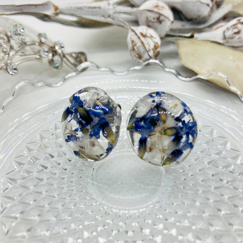 ラベンダーのドライフラワーのレジンピアス 丸形 ピアス（スタッド・一 