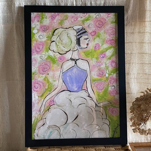 絵画 。壁掛け絵原画【美しいバラの庭で、楽しい踊る美しい少女】 絵画