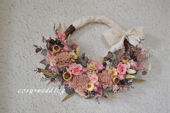 シャンパンゴールドのシックなリースブーケ＊ブートニア＊ヘッドパーツ  