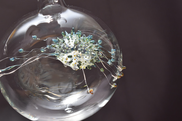 ガラスのサンキャッチャーオーナメント雲丹球ブルーグリーン（アリストテレスの提灯入り） 11枚目の画像