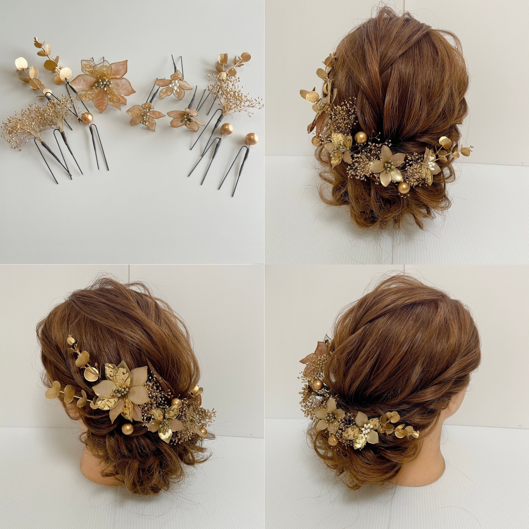 アメリカンフラワー くすみピンク ゴールド 金箔 和装 髪飾り 成人式 ウェディング ドライフラワー ヘッドドレス 袴