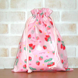 【入園入学】レッスンバッグと巾着袋セット　苺　ハート　レース　女の子　ピンク 4枚目の画像