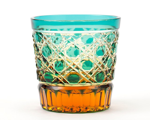 江戸切子 琥珀色緑被せクリスタルガラス酒グラス おちょこ・ぐい呑 