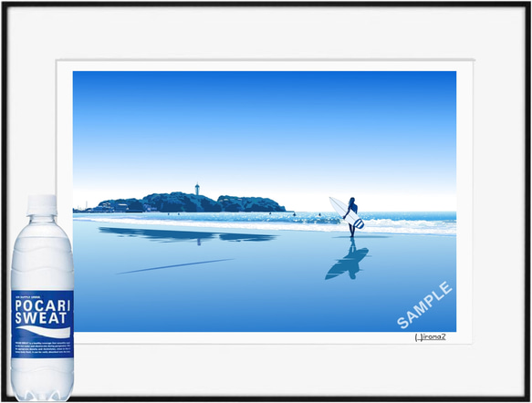 A3サイズ「江の島とサーファー」ハクバ（ブラック） 3枚目の画像