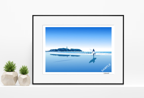 A3サイズ「江の島とサーファー」ハクバ（ブラック） 1枚目の画像