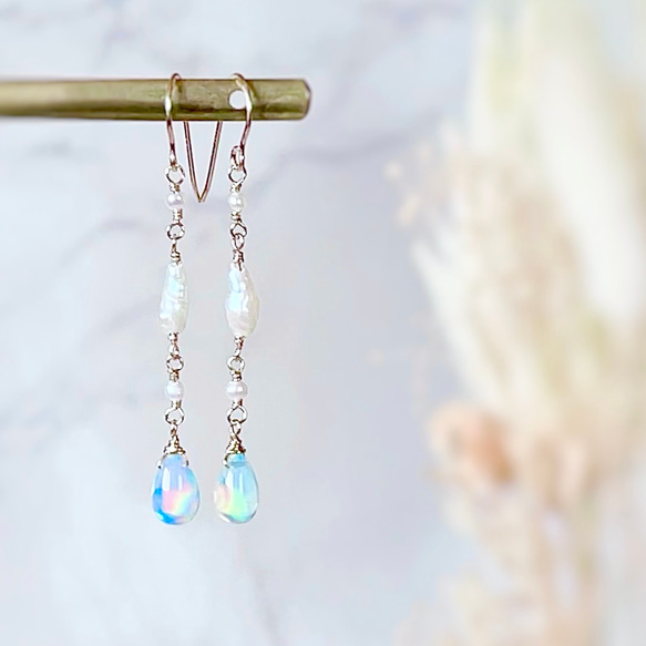 14kgf カラーオパールと淡水パールのシャンデリアピアス 14kgf カラーオパールと淡水パールのシャンデリアピアス