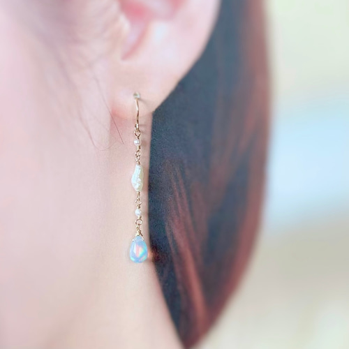 14kgf水色カラーカルセドニー&淡水パールピアス 14kgf水色カラーカルセドニー&淡水パールピアス 爽やかブルー 14KGF