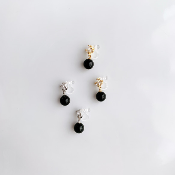 《再販》オニキス　ジルコニアリーフ【イヤリング/ピアス】/black004（クラシック・天然石・パール・葉） 4枚目の画像