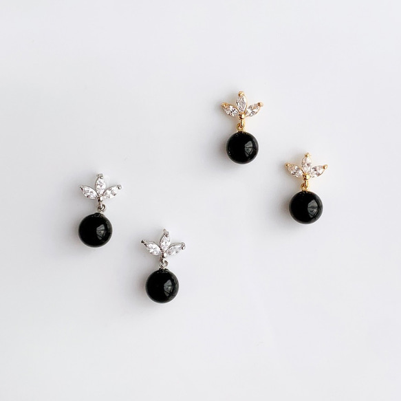 《再販》オニキス　ジルコニアリーフ【イヤリング/ピアス】/black004（クラシック・天然石・パール・葉） 1枚目の画像