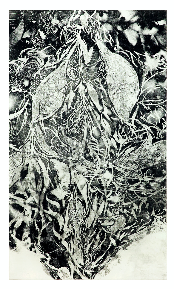 永井雅人銅版画作品 「花々の心臓」大型モノクローム作品 美品未使用
