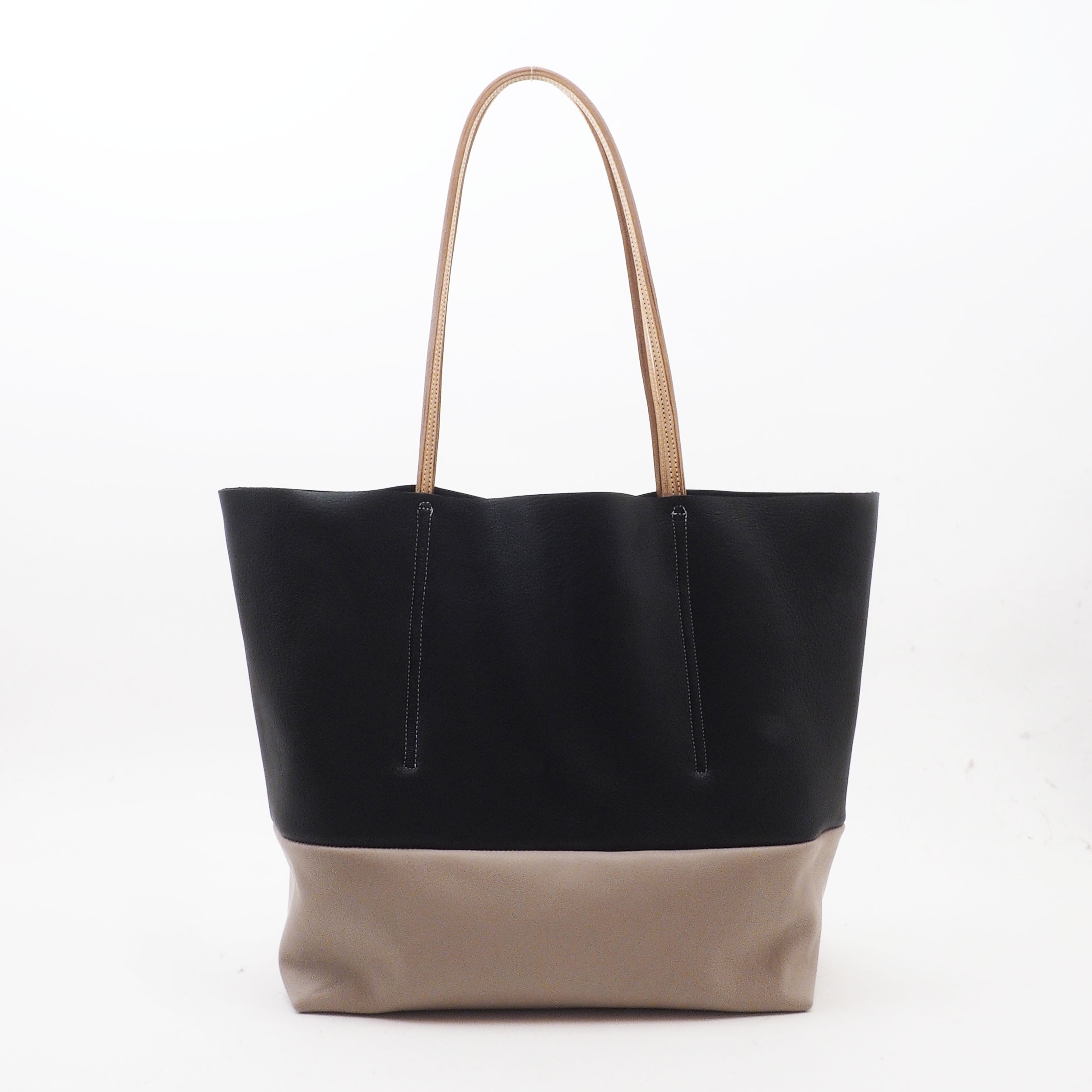 ＜sale即納＞細ハンドル肩掛けトート（黒・グレー×ナチュラル）/山羊革/ユニセックス/T065