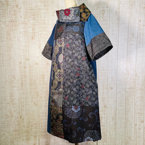 着物リメイク＊大島紬＆ムラ染織でオフタートル変わり襟ワンピースL