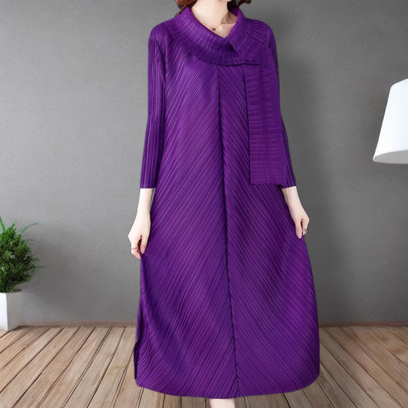 襟付き　プリーツワンピース　ドレス　パープルドレス　紫　ワンピース 1枚目の画像