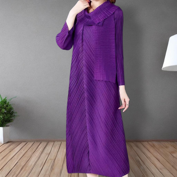 襟付き　プリーツワンピース　ドレス　パープルドレス　紫　ワンピース 2枚目の画像