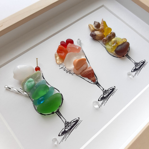 クリームソーダ、いちごパフェ、チョコバナナパフェ〉シーグラスアート