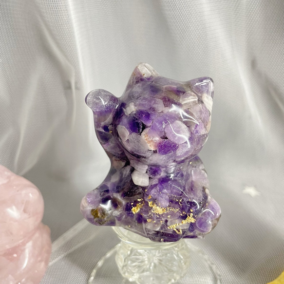 【手作り】天然エネルギー水晶 古代コイン 招き猫/水晶飾り 5枚目の画像