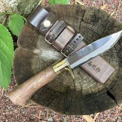 Tosa Outdoor Sword Hatchet 120 拋光黃銅 Tsuba 環藍色 2 鋼木手柄木刀鞘油漬/皮革帶 (t 第11張的照片