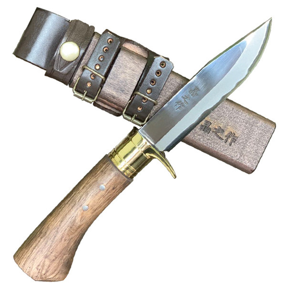 Tosa Outdoor Sword Hatchet 120 拋光黃銅 Tsuba 環藍色 2 鋼木手柄木刀鞘油漬/皮革帶 (t 第10張的照片