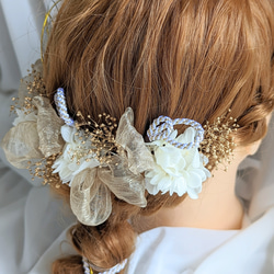 ヘッドドレス　ヘッドパーツ　髪飾り　ウエディング　結婚式　卒業式　成人式　プリザーブドフラワー　白 ゴールド　 3枚目の画像