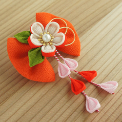 つまみ細工 ちりめん 小さい リボン 7cm幅 髪飾り オレンジ色 七五三