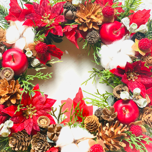 クリスマスリース りんごと木の実がたっぷり 25cm Xmas 赤色 レッド