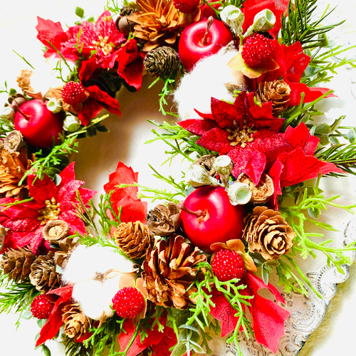 クリスマスリース りんごと木の実がたっぷり 25cm Xmas 赤色 レッド