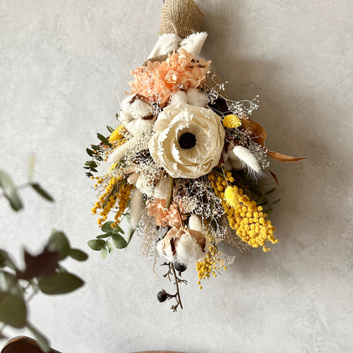 スワッグ(ミモザ&かすみ草) / ドライフラワー　フライングスワッグ　スワッグ ミモザとかすみ草のドライフラワースワッグ/ミニブーケ スワッグ howdy