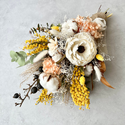ミモザとかすみ草のドライフラワースワッグ/ミニブーケ スワッグ howdy