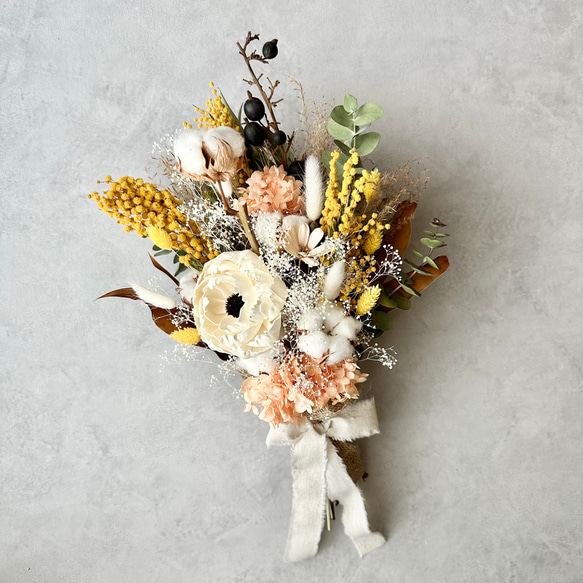 ミモザとかすみ草のドライフラワースワッグ/ミニブーケ スワッグ howdy