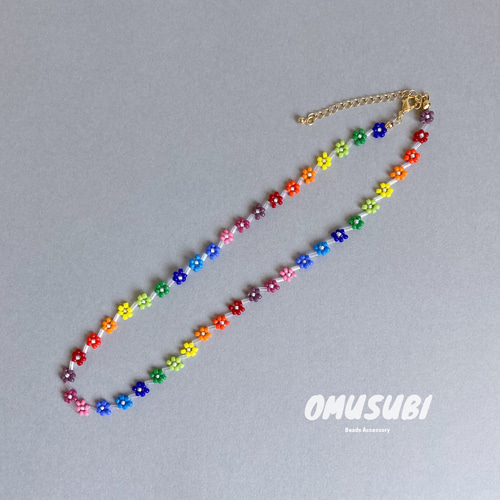 レインボーカラービーズフラワーネックレス / カラフル