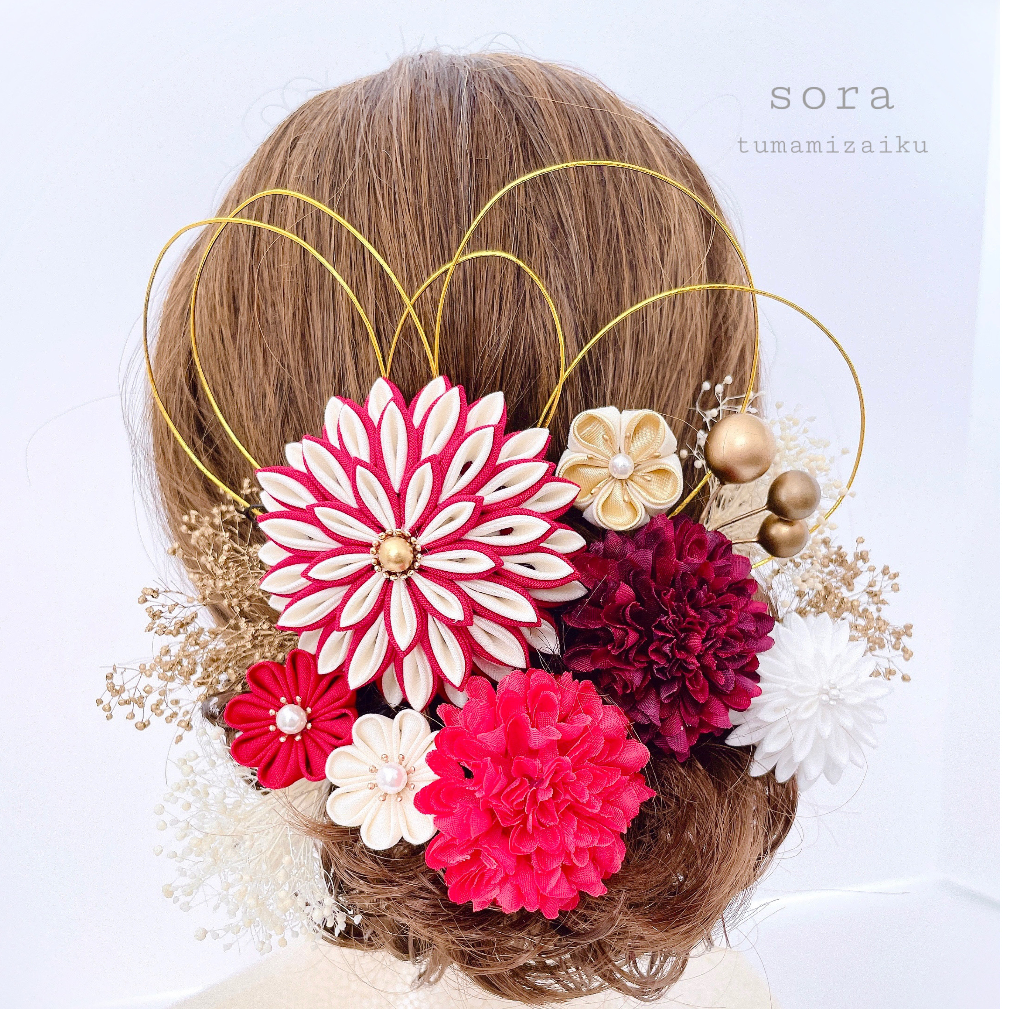 つまみ細工　髪飾り　ポンポンマム【赤×白】成人式　ウェディング　和装　アーティフィシャルフラワー　卒業式