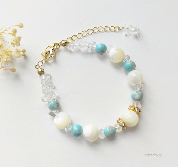 練りターコイズ・マザーオブパール・水晶の天然石ブレスレット #933